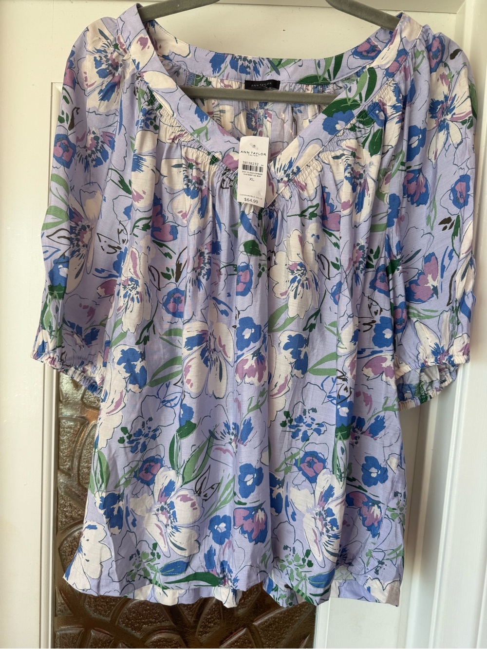 Ann Taylor Lavender Floral Scoop-Neck Peasant Top
